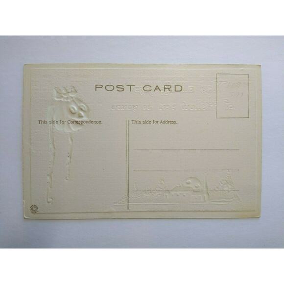 Halloween Postcard Bergman Yellow Moon Peeks Over City Goblin Lady Series 7035 - Picture 4 of 4